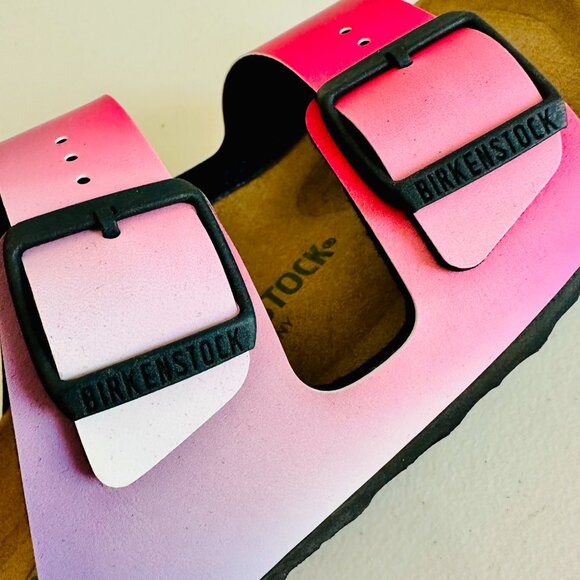 BIRKENSTOCK ARIZONA VEGAN OMBRE PINK AND PURLE SLIDE SANDALS 9/40 - Picture 6 of 8